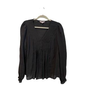 NANETTE LEPORE Women's Pleated Front V Neck Peasant Top Blouse Black NWT Medium